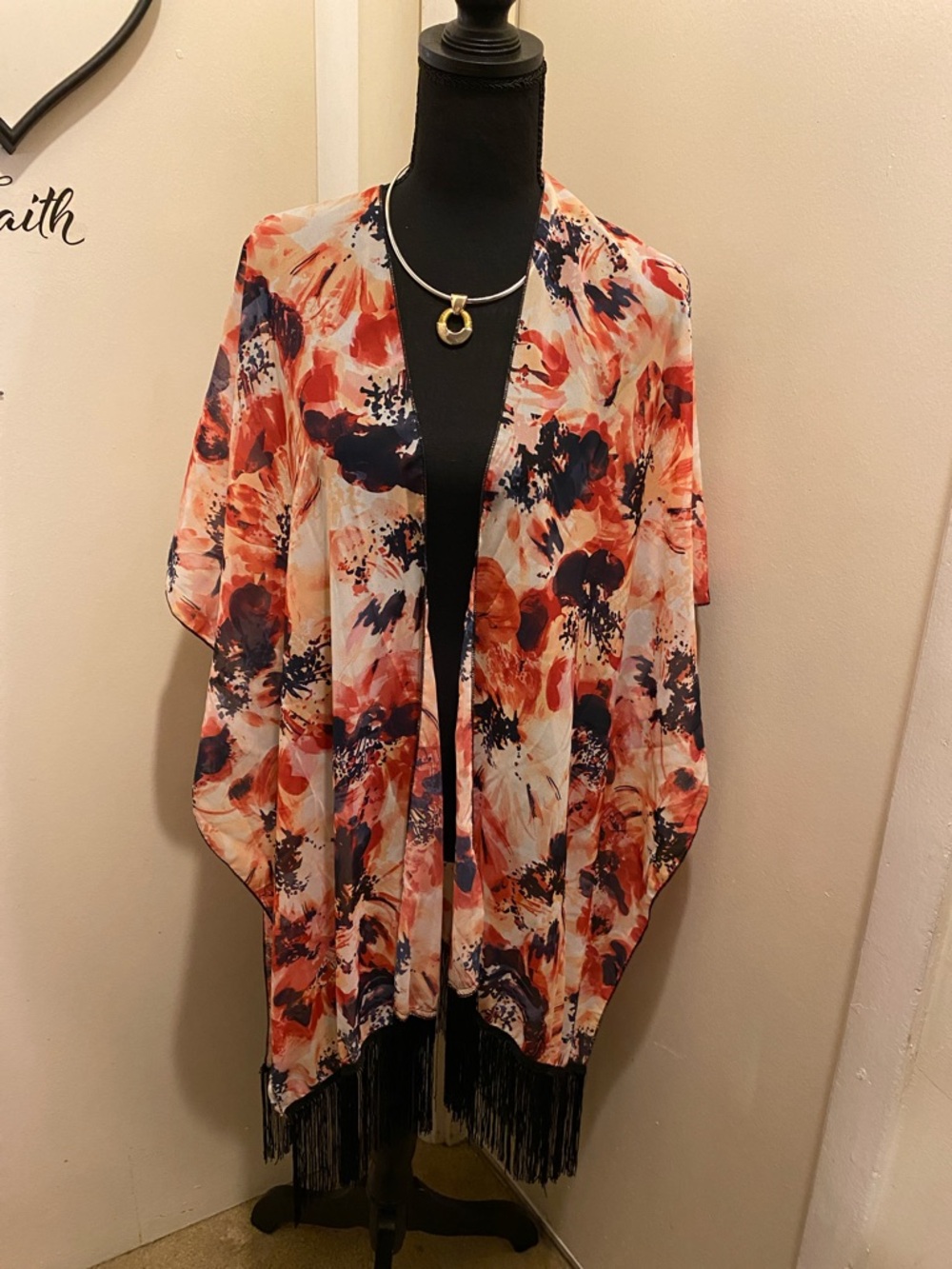 D) Women's Floral Open-Front Kimono Cover- Coral/Navy.  One Size Fits Most